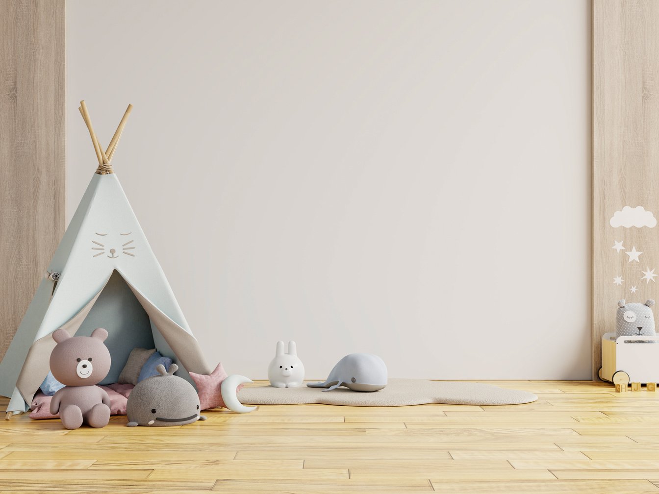 layroom with Tent and Table Sitting with White Wall